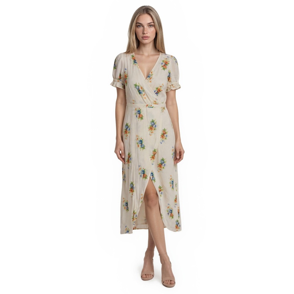 Madewell Midi Dress Women's Size 4 Cream Floral Wrap V-Neck Ruffle Sleeve